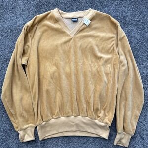 VTG NOS Mens L Velour Sweatshirt Gold Yellow 1970s Terry Cloth Valiant 1980s